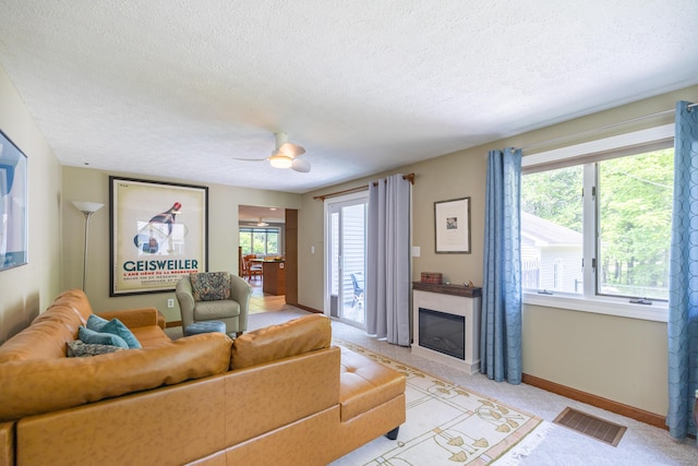 183 Buckfield Rd, Turner, ME 04282 - living room with a glass covered fireplace, a textured ceiling, and baseboards