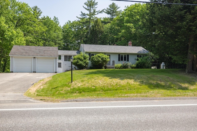 183 Buckfield Rd, Turner, ME 04282 - ranch-style house with driveway, an attached garage, a front yard, and a chimney