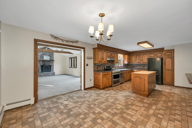 32 Long Hall Dr, Berwick, ME 03901 - kitchen featuring double oven range, freestanding refrigerator, brick patterned floors, and a chandelier