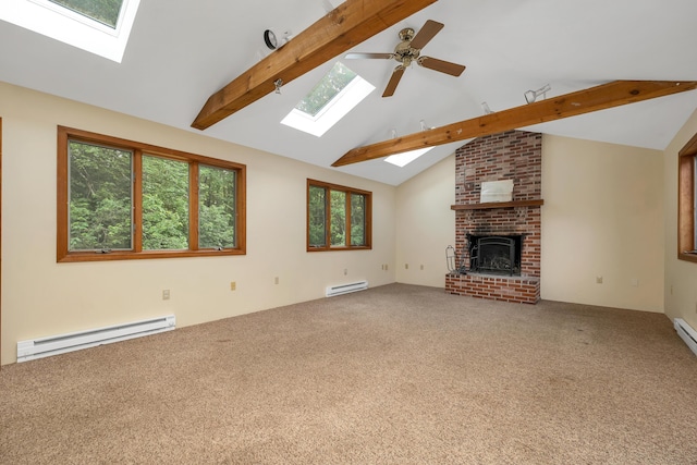 32 Long Hall Dr, Berwick, ME 03901 - unfurnished living room featuring a skylight, baseboard heating, beam ceiling, carpet, and high vaulted ceiling
