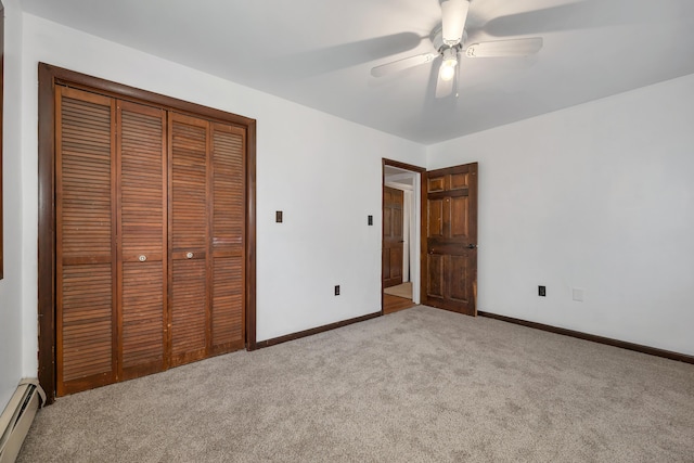 32 Long Hall Dr, Berwick, ME 03901 - unfurnished bedroom with a baseboard radiator, carpet, a closet, and a ceiling fan