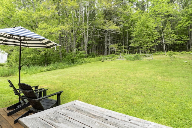 37 Walker Rd, Boothbay, ME 04537 - view of grassy yard with a wooden deck and a forest view