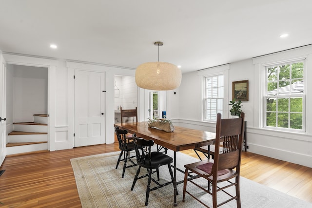 37 Walker Rd, Boothbay, ME 04537 - dining space with wood finished floors, stairs, and recessed lighting