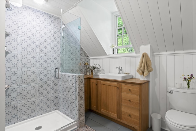 37 Walker Rd, Boothbay, ME 04537 - bathroom with a shower stall, vanity, a wainscoted wall, and tile patterned floors