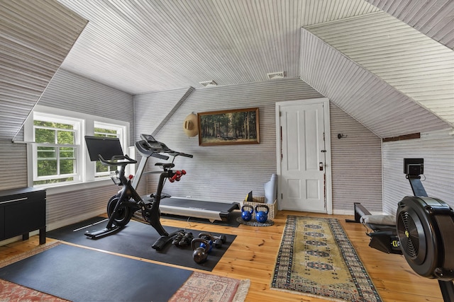 37 Walker Rd, Boothbay, ME 04537 - workout room with vaulted ceiling and hardwood / wood-style floors
