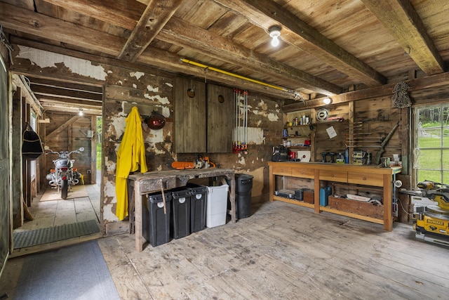 37 Walker Rd, Boothbay, ME 04537 - miscellaneous room featuring a workshop area, a wooden ceiling with exposed beams, and wood finished floors