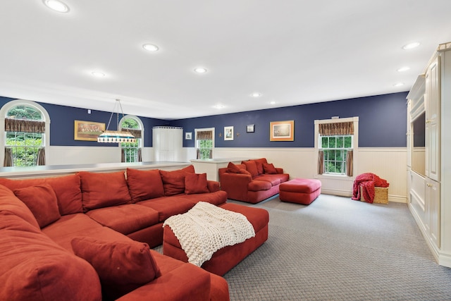 30 Plymouth Dr, Saco, ME 04072 - carpeted living room with wainscoting and recessed lighting