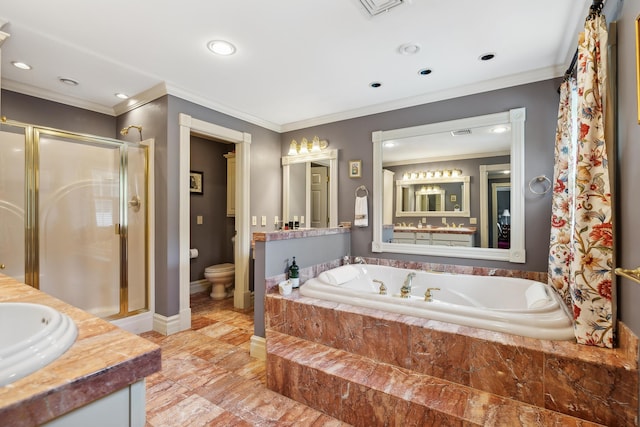 30 Plymouth Dr, Saco, ME 04072 - bathroom featuring ornamental molding, a shower stall, vanity, a garden tub, and toilet