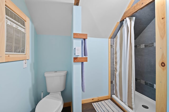 72 Vine St, South Berwick, ME 03908 - full bath with lofted ceiling, toilet, a stall shower, and baseboards