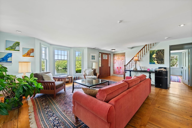 72 Vine St, South Berwick, ME 03908 - living area with stairway, light wood-style flooring, and recessed lighting