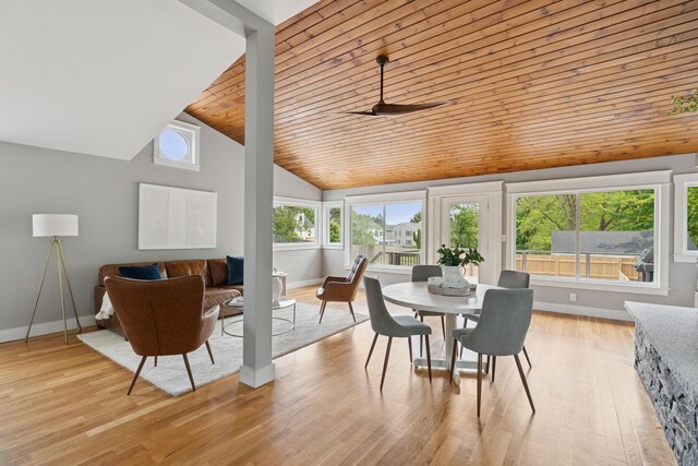 217 Ocean Ave, Portland, ME 04103 - dining area with lofted ceiling, wood ceiling, light wood finished floors, baseboards, and a ceiling fan