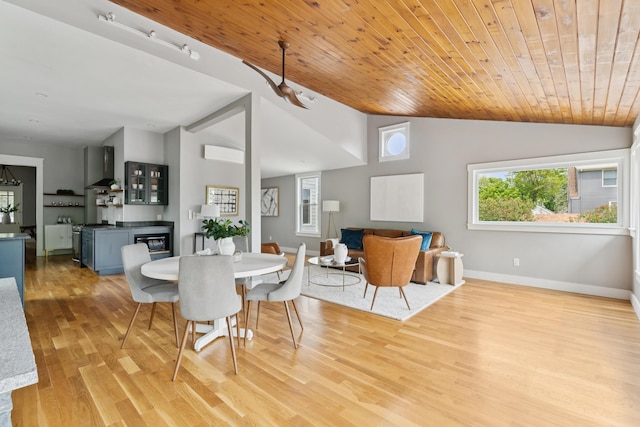 217 Ocean Ave, Portland, ME 04103 - dining area featuring vaulted ceiling, wood finished floors, baseboards, wood ceiling, and beverage cooler