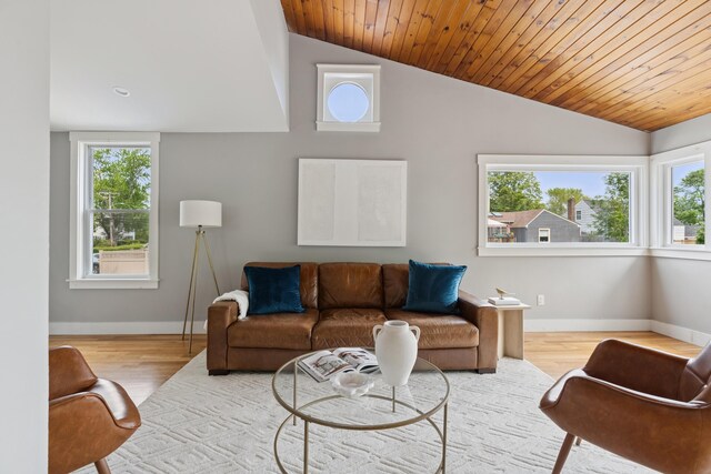 217 Ocean Ave, Portland, ME 04103 - living room featuring lofted ceiling, wood finished floors, baseboards, and wood ceiling