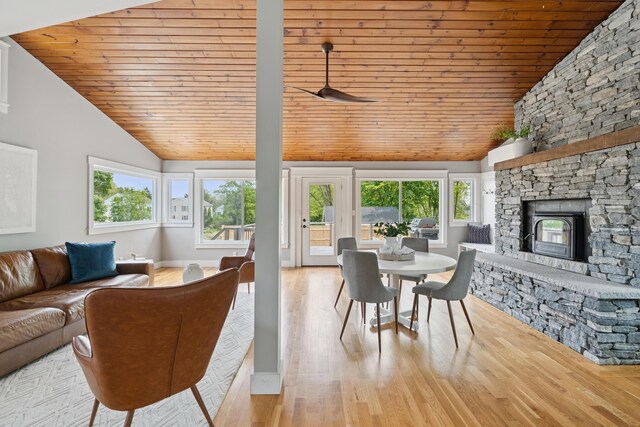 217 Ocean Ave, Portland, ME 04103 - living area with lofted ceiling, wooden ceiling, wood finished floors, a fireplace, and ceiling fan