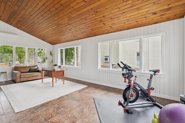 217 Ocean Ave, Portland, ME 04103 - workout area featuring vaulted ceiling, baseboards, wooden ceiling, and wooden walls