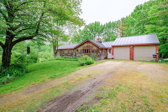 115 Wards Hill Rd, Baldwin, ME 04091 - ranch-style house with dirt driveway, a chimney, a metal roof, a standing seam roof, and a front lawn