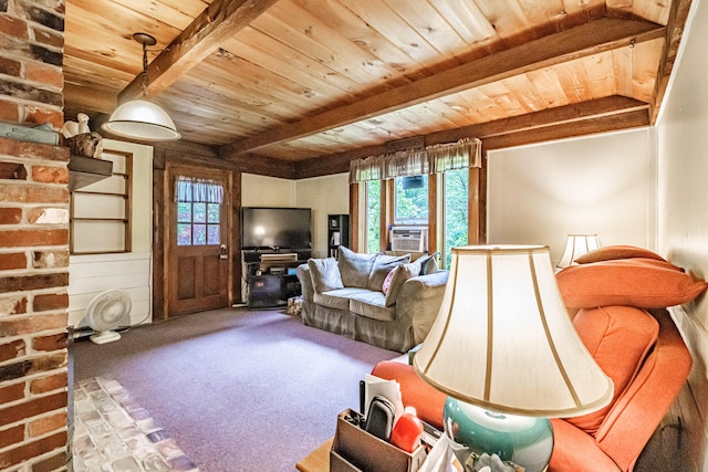 115 Wards Hill Rd, Baldwin, ME 04091 - carpeted living area featuring a wood ceiling with exposed beams and cooling unit