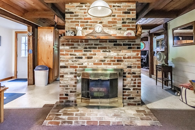 115 Wards Hill Rd, Baldwin, ME 04091 - detailed view of a fireplace and a wooden ceiling with exposed beams