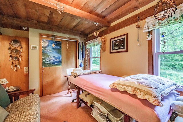 115 Wards Hill Rd, Baldwin, ME 04091 - carpeted bedroom featuring a wooden ceiling with exposed beams