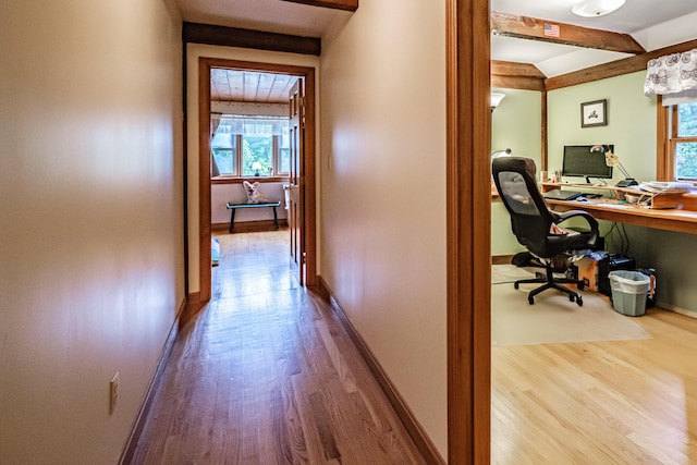 115 Wards Hill Rd, Baldwin, ME 04091 - corridor with wood finished floors, plenty of natural light, and an office area