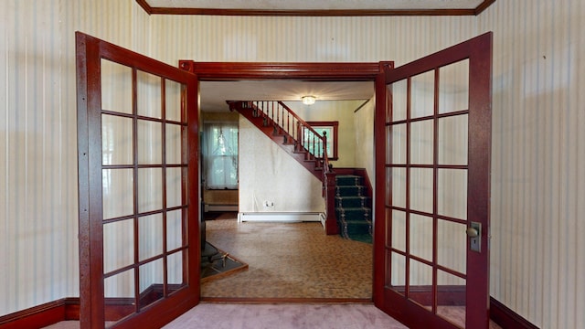 143 Union Ave, Old Orchard Beach, ME 04064 - hallway featuring carpet, french doors, wallpapered walls, baseboard heating, and stairs