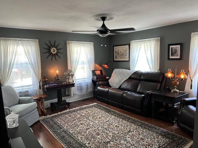 48 Allen St, Bangor, ME 04401 - living room with wood finished floors, a ceiling fan, and healthy amount of natural light