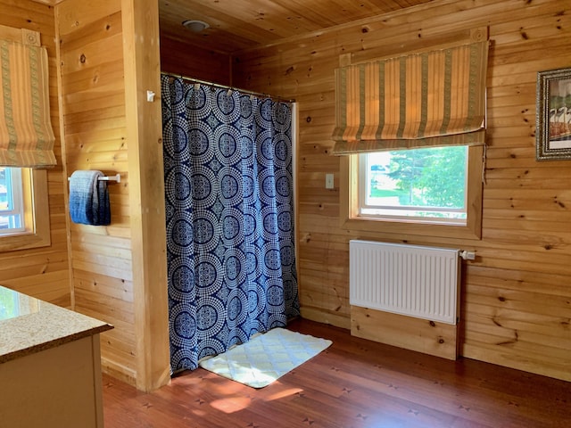 15 Snyder Rd, Eastport, ME 04631 - bathroom featuring radiator heating unit, wood walls, wood finished floors, vanity, and healthy amount of natural light