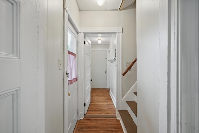 4 Heath St, Waterville, ME 04901 - corridor featuring dark wood-style flooring and stairway
