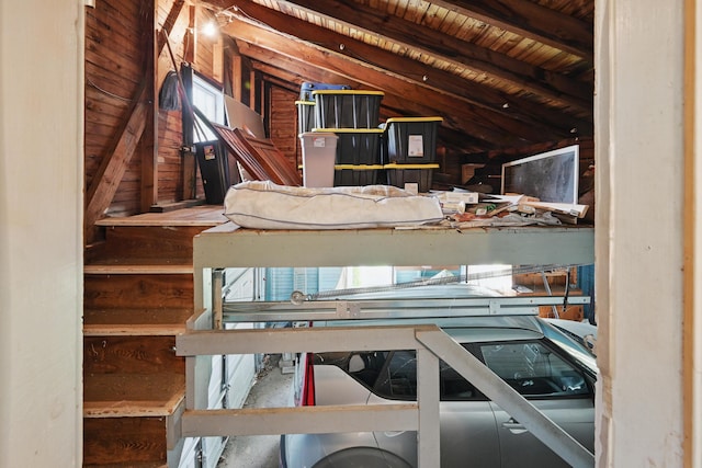 4 Heath St, Waterville, ME 04901 - staircase featuring vaulted ceiling and wooden ceiling