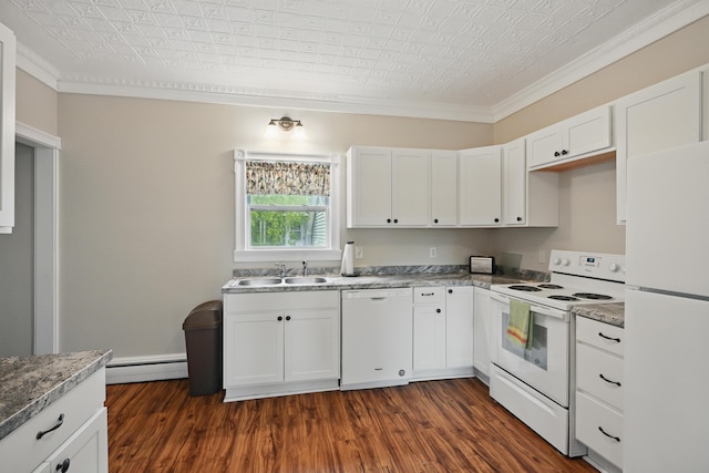 4 Heath St, Waterville, ME 04901 - kitchen featuring white appliances, crown molding, a baseboard heating unit, an ornate ceiling, and white cabinets