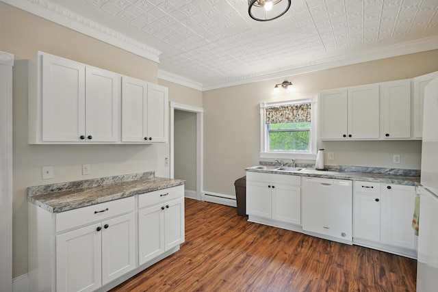 4 Heath St, Waterville, ME 04901 - kitchen with dishwasher, a sink, an ornate ceiling, ornamental molding, and white cabinets