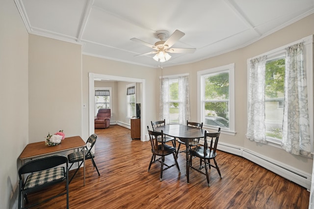 4 Heath St, Waterville, ME 04901 - dining room featuring a baseboard radiator, plenty of natural light, dark wood-type flooring, and crown molding