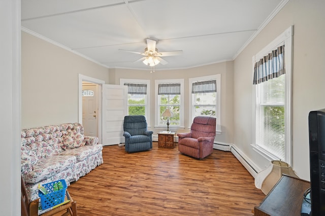4 Heath St, Waterville, ME 04901 - living room featuring a ceiling fan, wood finished floors, ornamental molding, a baseboard radiator, and a baseboard heating unit