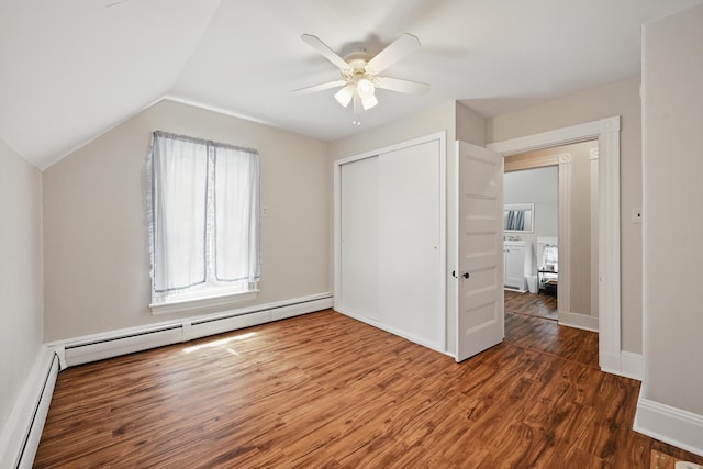 4 Heath St, Waterville, ME 04901 - unfurnished bedroom with a baseboard heating unit, wood finished floors, a closet, vaulted ceiling, and ceiling fan