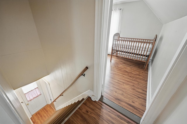 4 Heath St, Waterville, ME 04901 - stairs with wood finished floors, lofted ceiling, and baseboards