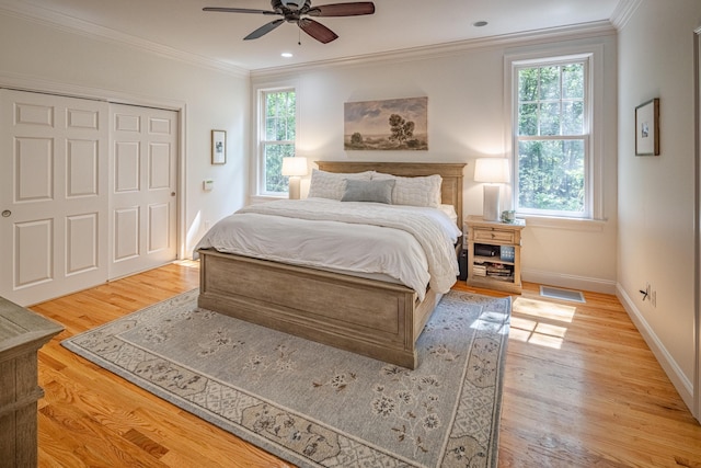 20 Doe Dr, Eliot, ME 03903 - bedroom with ornamental molding, light wood-style floors, baseboards, ceiling fan, and recessed lighting