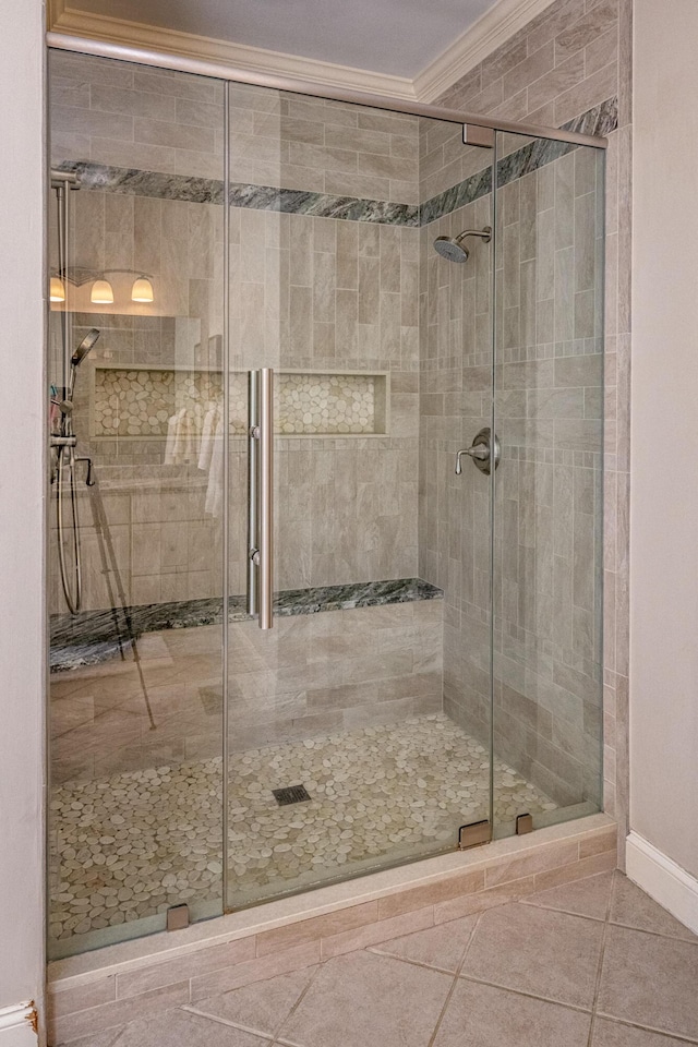 20 Doe Dr, Eliot, ME 03903 - full bathroom with crown molding, a shower stall, tile patterned floors, and baseboards