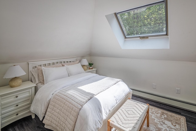 20 Doe Dr, Eliot, ME 03903 - bedroom featuring a baseboard radiator, dark wood-type flooring, a skylight, and lofted ceiling