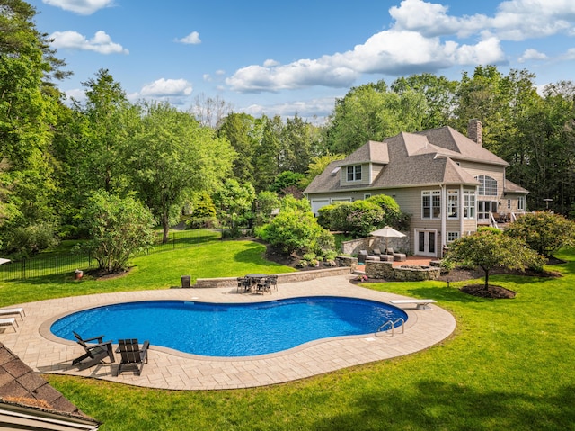 20 Doe Dr, Eliot, ME 03903 - swimming pool with a patio, french doors, a diving board, and view of scattered trees