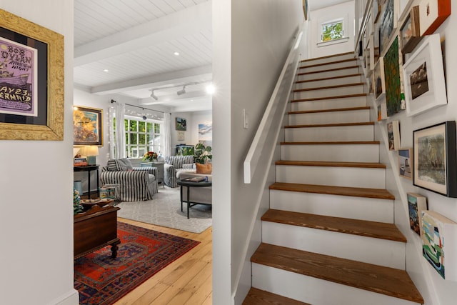 83 Brixham Rd, York, ME 03909 - stairway with hardwood / wood-style floors, wood ceiling with exposed beams, and recessed lighting