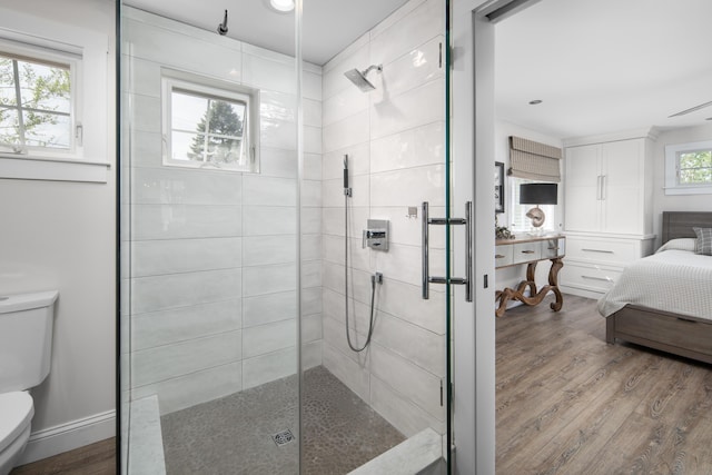 36 Bayberry Ave, Kennebunk, ME 04043 - full bathroom featuring toilet, a stall shower, wood finished floors, and vanity