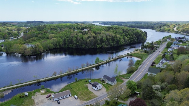 590 Main St, East Machias, ME 04630 - aerial view of property and surrounding area featuring a heavily wooded area and a large body of water