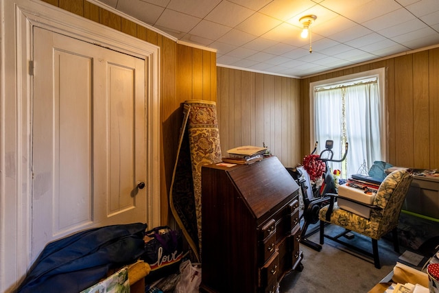 590 Main St, East Machias, ME 04630 - carpeted home office featuring ornamental molding and wooden walls