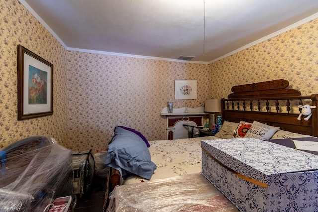 590 Main St, East Machias, ME 04630 - bedroom with crown molding and wallpapered walls