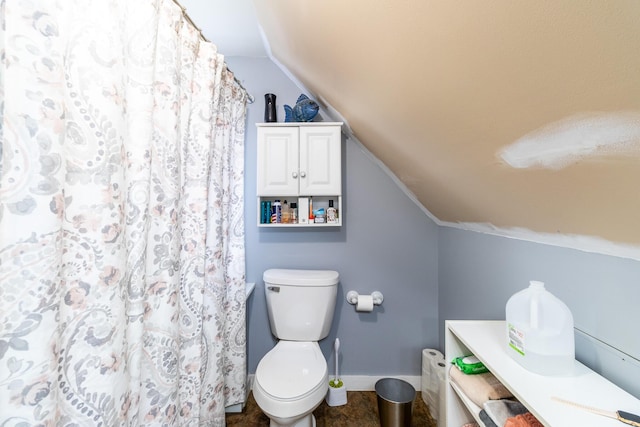 590 Main St, East Machias, ME 04630 - bathroom with vaulted ceiling, toilet, baseboards, vanity, and a shower with shower curtain