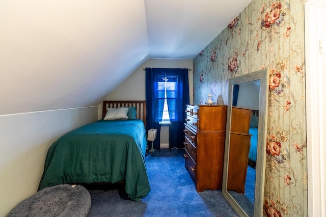 590 Main St, East Machias, ME 04630 - bedroom with carpet floors, lofted ceiling, and wallpapered walls