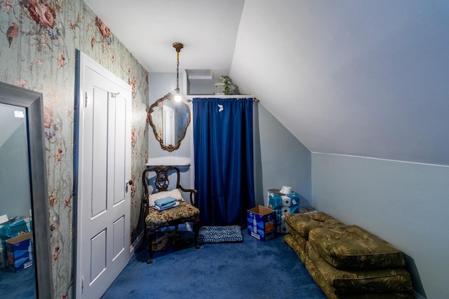 590 Main St, East Machias, ME 04630 - living area featuring carpet flooring and vaulted ceiling
