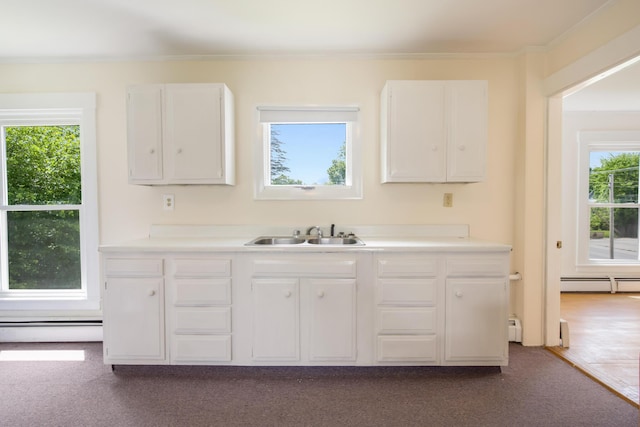 123 Main St, Newport, ME 04953 - kitchen with a baseboard heating unit, a sink, white cabinets, light countertops, and crown molding