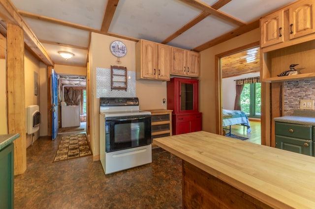 200 Flanders Pond Rd, Sullivan, ME 04664 - kitchen featuring white range with electric stovetop, wooden counters, heating unit, light brown cabinets, and open shelves