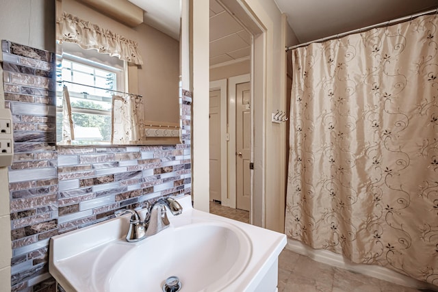 full bath with vanity and shower / tub combo with curtain